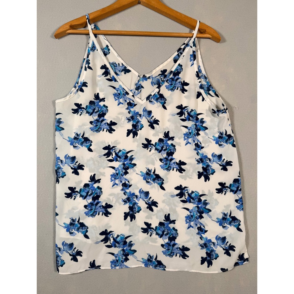 Paper Crane Womens Blue‎ Floral V-Neck Spaghetti Strap Camisole Tank Top White